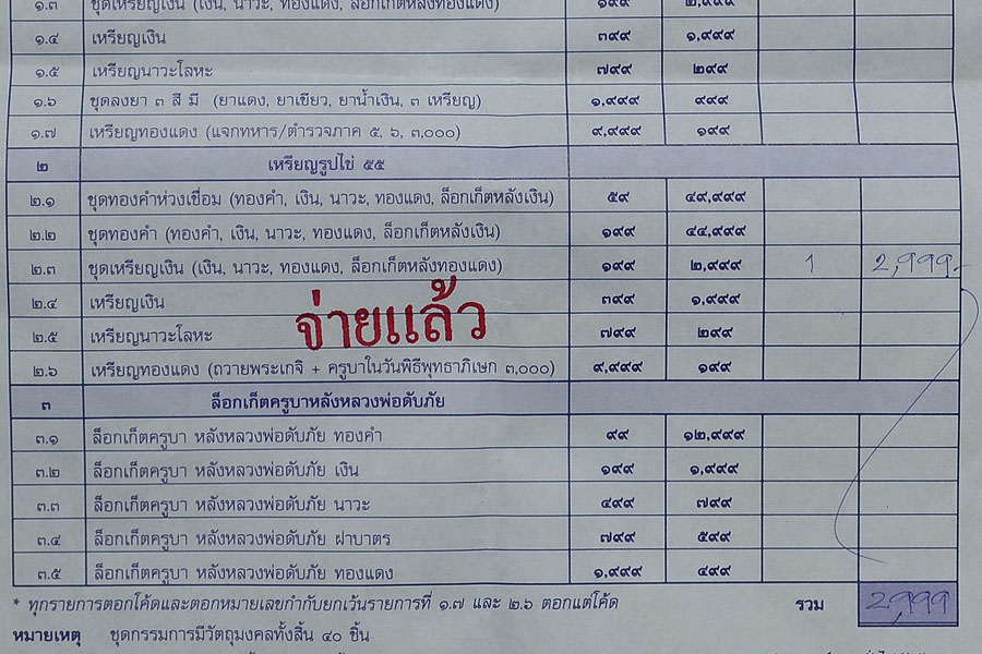 ใบจองครูบาศรีวิชัย วัดดับภัย (ชุดเงิน)