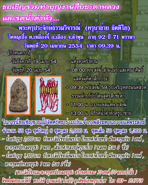 ขอเชิญร่วมงานสืบชะตาหลวงและรดน้ำดำหัวครูบาข่าย วัดหมูเปิ้ง