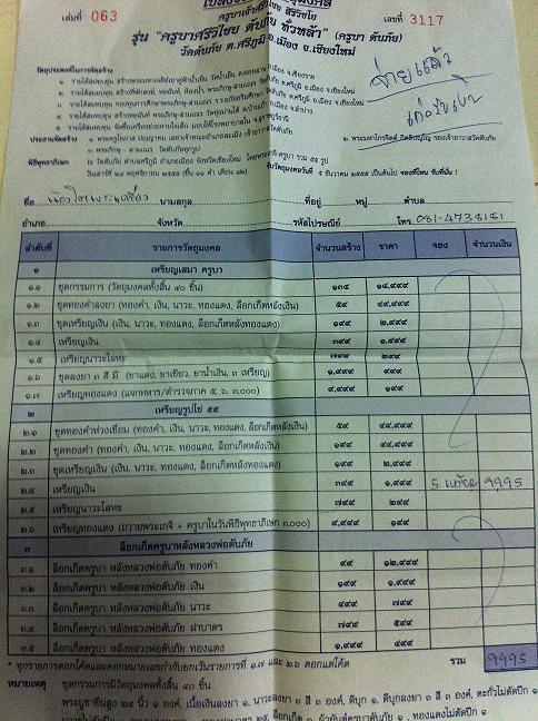 ใบจองเหรียญเงิน ครูบาศรีวิชัย วัดดับภัย 5 เหรียญครับ